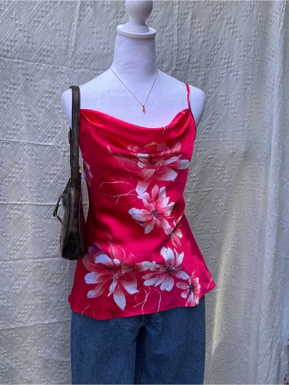La Vie En Rose Hot Pink Floral Satin Cowl Neck Camisole